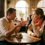 Twee mensen in gesprek aan een houten cafétafel in Amsterdam, één gebarend met open handen, warme natuurlijke belichting.