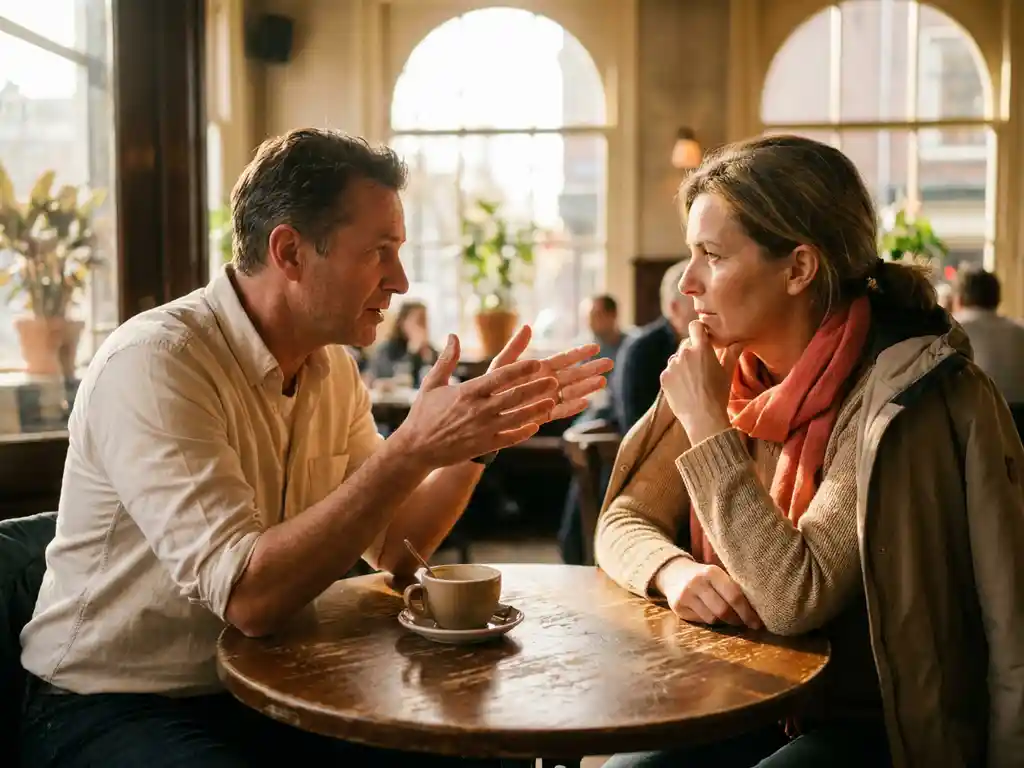 Twee mensen in gesprek aan een houten cafétafel in Amsterdam, één gebarend met open handen, warme natuurlijke belichting.