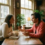 Twee mensen in gesprek aan een houten cafétafel in Amsterdam, met koffie en notitieboekje, warm natuurlijk licht door grote ramen.