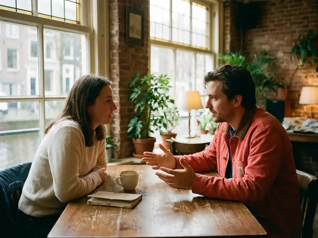 Twee mensen in gesprek aan een houten cafétafel in Amsterdam, met koffie en notitieboekje, warm natuurlijk licht door grote ramen.