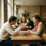 Twee mensen in gesprek aan een versleten houten cafétafel in Amsterdam, één persoon gebaart met open handen terwijl de ander aandachtig luistert.
