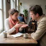 Twee mensen in gesprek aan een houten cafétafel in Amsterdam, één gebarend met open handen, keramische koffiekop en notitieboekje erbij.