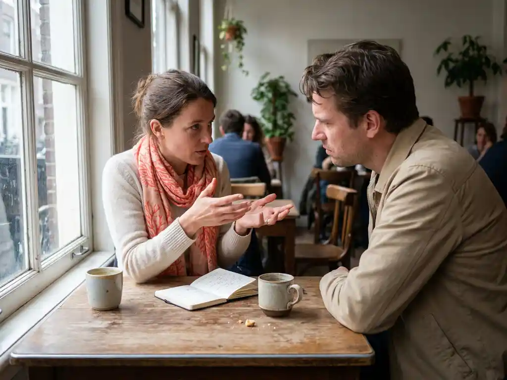 Twee mensen in gesprek aan een houten cafétafel in Amsterdam, één gebarend met open handen, keramische koffiekop en notitieboekje erbij.
