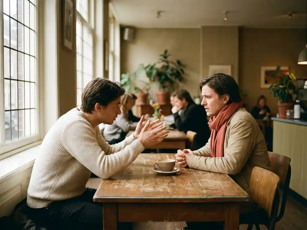 Twee mensen in gesprek aan een versleten houten cafétafel in Amsterdam, één persoon gebaart met open handen terwijl de ander aandachtig luistert.