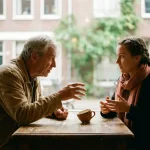 Twee mensen in levendig gesprek aan een houten cafétafel in Amsterdam, met expressieve handgebaren en warm natuurlijk licht.