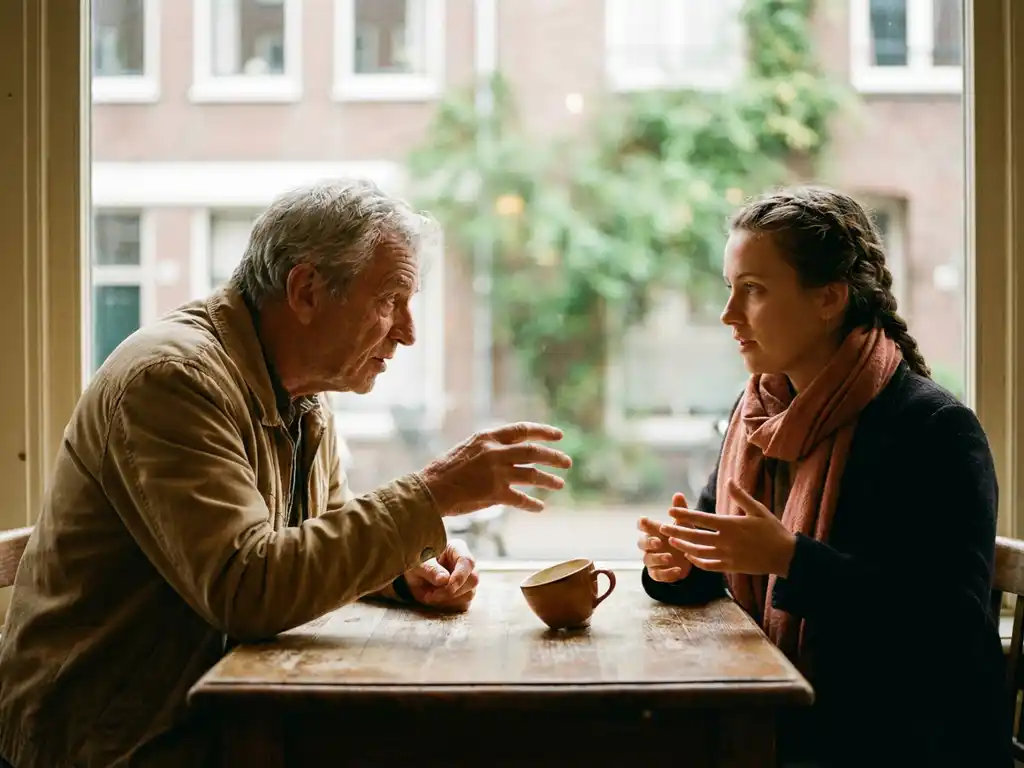 Twee mensen in levendig gesprek aan een houten cafétafel in Amsterdam, met expressieve handgebaren en warm natuurlijk licht.