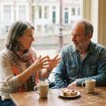 Twee mensen in gesprek aan een houten cafétafel in Amsterdam, met keramische koffiekopjes en zacht daglicht door grote ramen.
