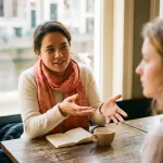 Persoon in gesprek aan houten cafétafel in Amsterdam, handen gebarend, koffiekopje en notitieboekje op de voorgrond.