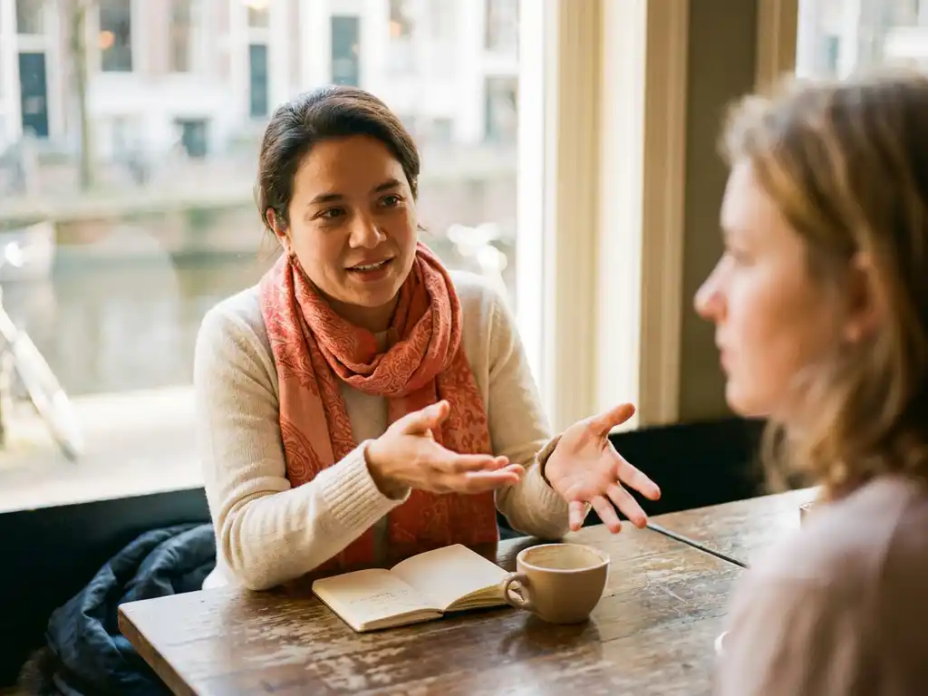 Persoon in gesprek aan houten cafétafel in Amsterdam, handen gebarend, koffiekopje en notitieboekje op de voorgrond.