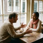 Twee mensen in gesprek aan een houten cafétafel in Amsterdam, één gebarend met open handen, de ander aandachtig luisterend, keramische koffiekopjes erbij.