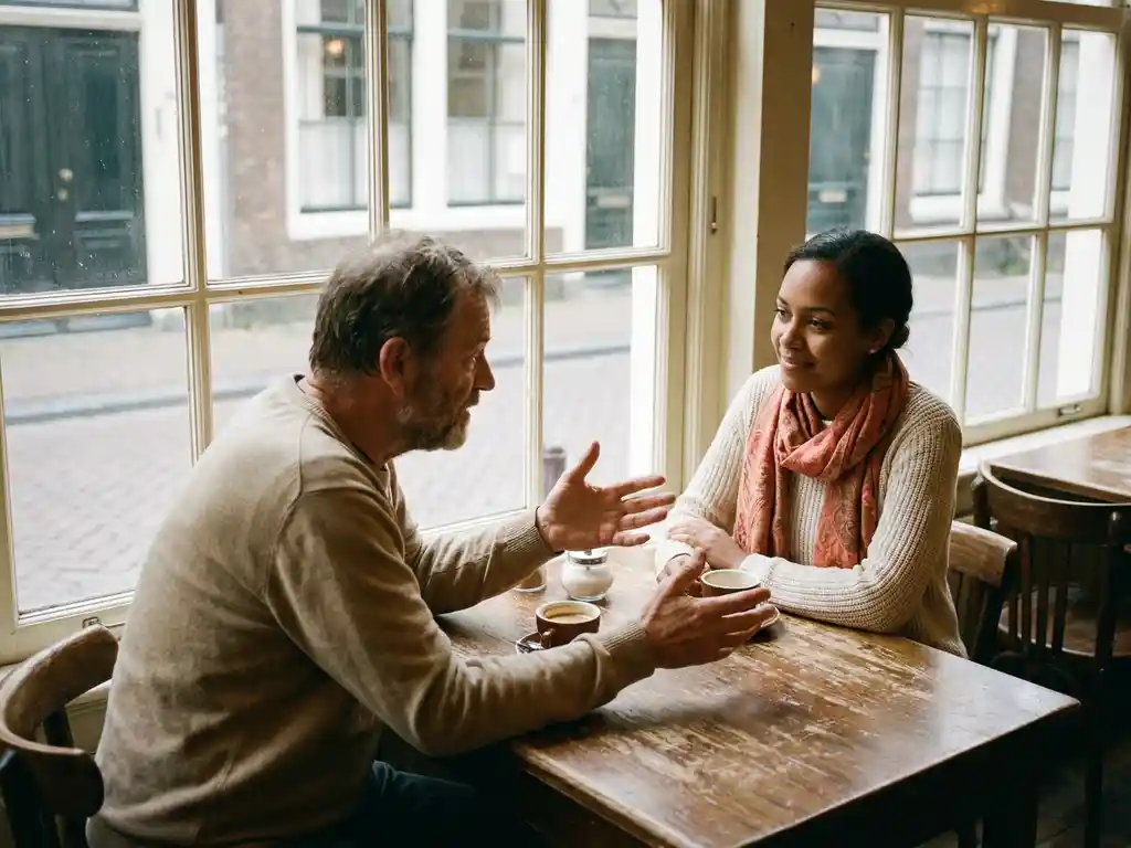 Twee mensen in gesprek aan een houten cafétafel in Amsterdam, één gebarend met open handen, de ander aandachtig luisterend, keramische koffiekopjes erbij.