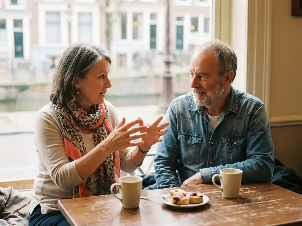 Twee mensen in gesprek aan een houten cafétafel in Amsterdam, met keramische koffiekopjes en zacht daglicht door grote ramen.