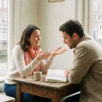 Twee mensen in gesprek aan een houten cafétafel in Amsterdam, met koffie en notitieboek, warm daglicht door een raam.