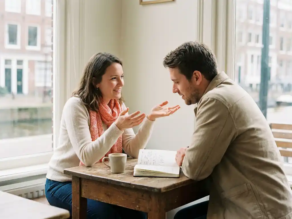 Twee mensen in gesprek aan een houten cafétafel in Amsterdam, met koffie en notitieboek, warm daglicht door een raam.