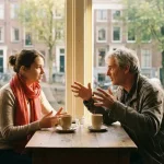 Jonge vrouw en oudere man in gesprek aan een houten cafétafel in Amsterdam, met twee keramische koffiekopjes en warm natuurlijk licht.