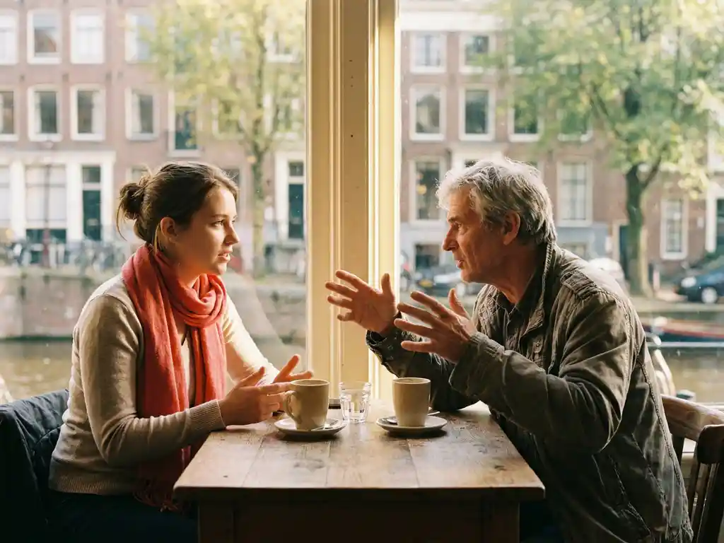 Jonge vrouw en oudere man in gesprek aan een houten cafétafel in Amsterdam, met twee keramische koffiekopjes en warm natuurlijk licht.