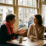 Twee mensen in gesprek aan een houten cafétafel in Amsterdam, met koffie en notitieboekje, warm natuurlijk licht.