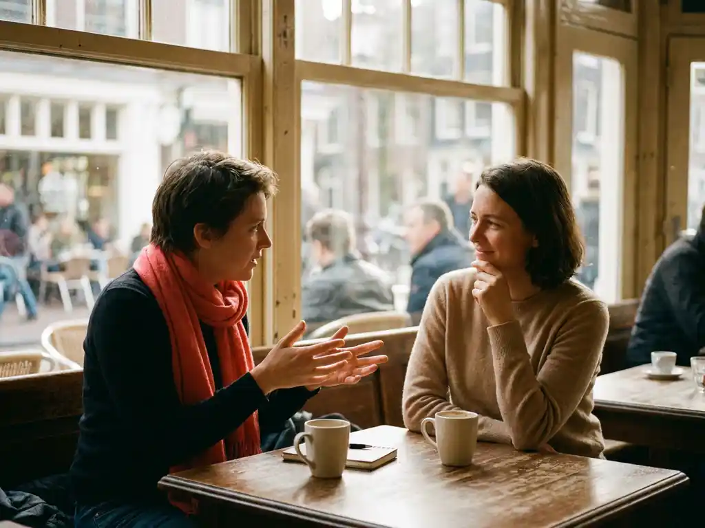 Twee mensen in gesprek aan een houten cafétafel in Amsterdam, met koffie en notitieboekje, warm natuurlijk licht.