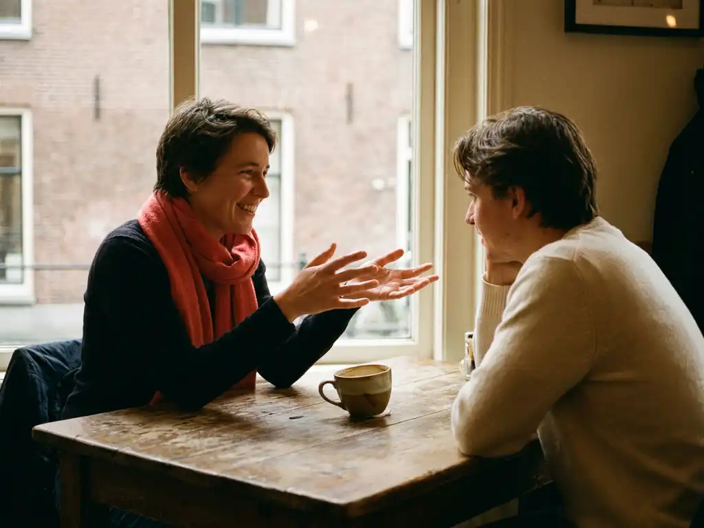 Twee mensen in gesprek aan een versleten houten cafétafel in Amsterdam, warm natuurlijk licht, keramische koffiekop op de voorgrond.