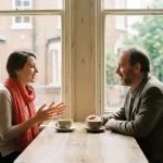 Jonge vrouw en oudere man in gesprek aan houten cafétafel in Amsterdam, met twee keramische koffiekopjes tussen hen in.