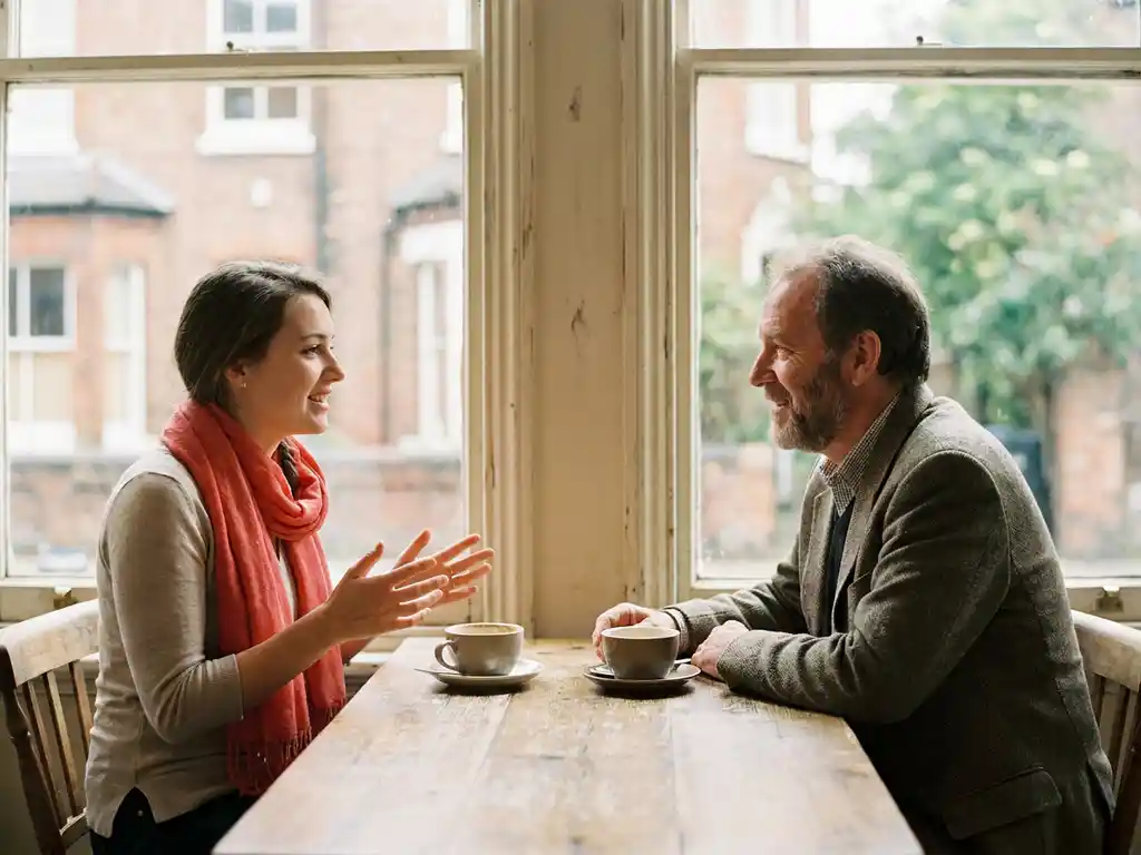 Jonge vrouw en oudere man in gesprek aan houten cafétafel in Amsterdam, met twee keramische koffiekopjes tussen hen in.