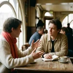 Twee mensen in gesprek aan een houten cafétafel in Amsterdam, één leunt voorover met open handen, ander luistert aandachtig.