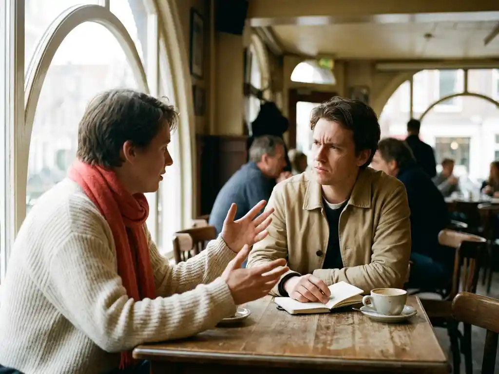 Twee mensen in gesprek aan een houten cafétafel in Amsterdam, één leunt voorover met open handen, ander luistert aandachtig.