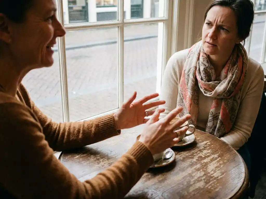 Twee mensen in gesprek aan een verweerde houten cafétafel in Amsterdam, één met expressieve handgebaren, de ander luisterend met een fronsende blik.