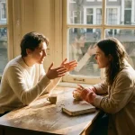 Twee mensen in gesprek aan een houten cafétafel in Amsterdam, met koffiekopjes en een notitieboek in warm middaglicht.
