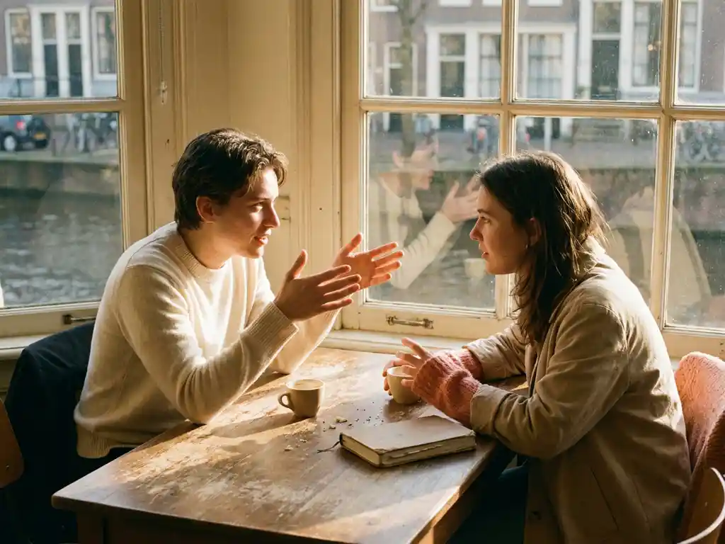 Twee mensen in gesprek aan een houten cafétafel in Amsterdam, met koffiekopjes en een notitieboek in warm middaglicht.