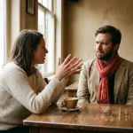 Twee mensen in gesprek aan een versleten houten cafétafel in Amsterdam, één persoon gebaart terwijl de ander aandachtig luistert.