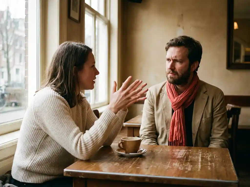 Twee mensen in gesprek aan een versleten houten cafétafel in Amsterdam, één persoon gebaart terwijl de ander aandachtig luistert.