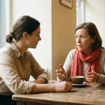 Klantenservicemedewerker luistert naar een oudere vrouw aan een cafétafel, koffiekopje tussen hen in, warm natuurlijk licht.
