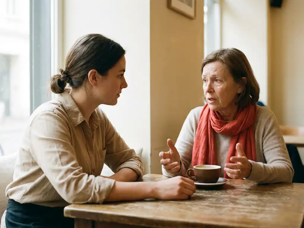 Klantenservicemedewerker luistert naar een oudere vrouw aan een cafétafel, koffiekopje tussen hen in, warm natuurlijk licht.