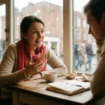 Vrouw in gesprek aan houten cafétafel in Amsterdam, expressief gebarend met koffiekopje en notitieboekje erbij.