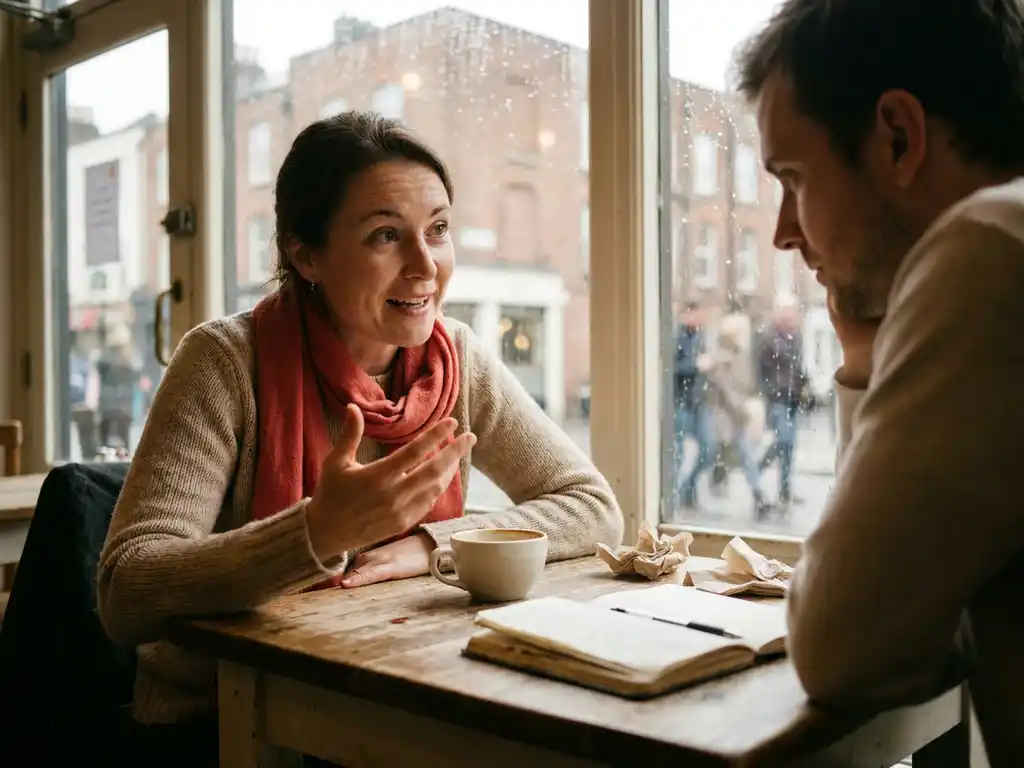 Vrouw in gesprek aan houten cafétafel in Amsterdam, expressief gebarend met koffiekopje en notitieboekje erbij.