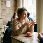 Vrouw in levendig gesprek aan een verweerde houten cafétafel in Amsterdam, met een koraalrood koffiekopje en zacht natuurlijk daglicht.