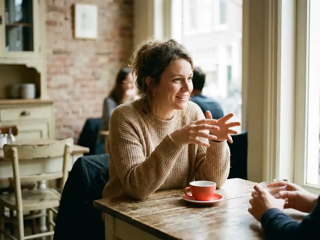 Vrouw in levendig gesprek aan een verweerde houten cafétafel in Amsterdam, met een koraalrood koffiekopje en zacht natuurlijk daglicht.
