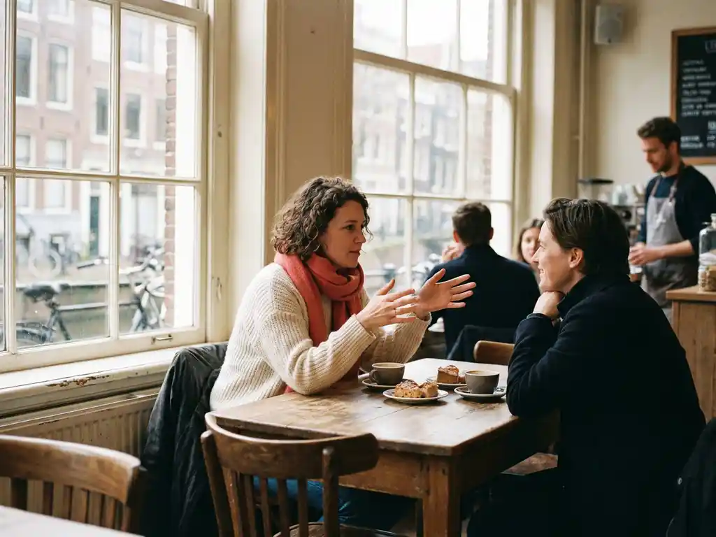 Vrouw in levendig gesprek aan een houten cafétafel in Amsterdam, met keramische koffiekopjes en zacht natuurlijk raamlicht.