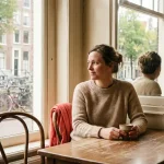 Vrouw met koffiekopje in Amsterdams café, peinzend starend naar haar spiegeling in het raam met uitzicht op een gracht.