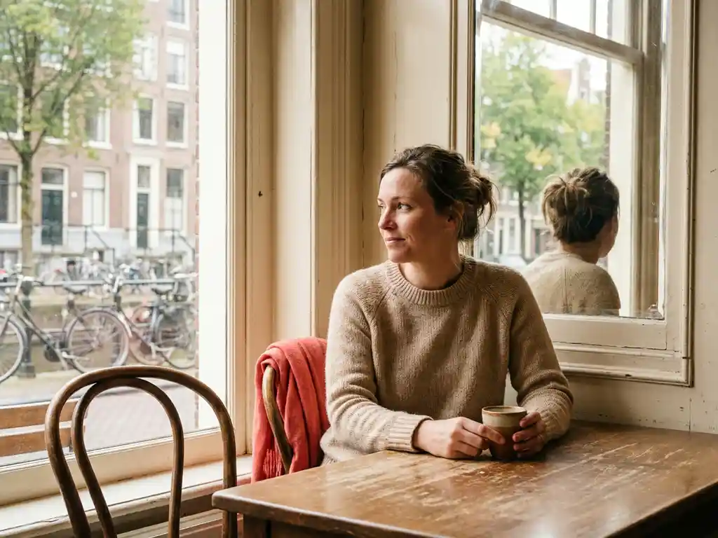 Vrouw met koffiekopje in Amsterdams café, peinzend starend naar haar spiegeling in het raam met uitzicht op een gracht.