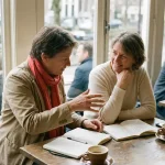 Twee collega's in gesprek aan een houten cafétafel in Amsterdam, met notitieboekjes en koffiekopjes, in warm natuurlijk daglicht.