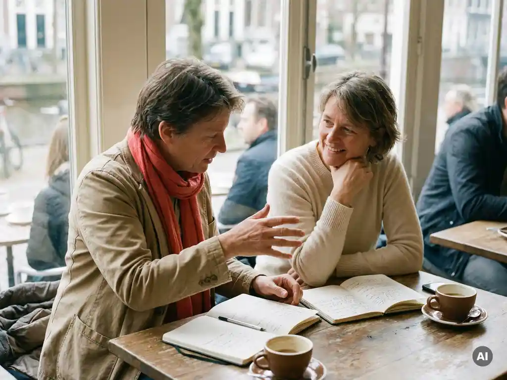 Twee collega's in gesprek aan een houten cafétafel in Amsterdam, met notitieboekjes en koffiekopjes, in warm natuurlijk daglicht.