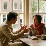 Twee mensen in gesprek aan een versleten houten cafétafel in Amsterdam, met koffie en notitieboekje, warm natuurlijk licht.