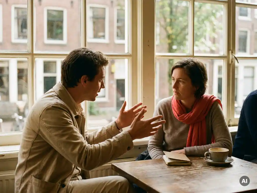 Twee mensen in gesprek aan een versleten houten cafétafel in Amsterdam, met koffie en notitieboekje, warm natuurlijk licht.
