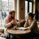 Twee mensen in gesprek aan een versleten houten cafétafel in Amsterdam, met een koffiekopje en notitieboek ertussen.