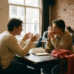 Twee mensen in gesprek aan een versleten houten cafétafel in Amsterdam, één gebarend vooroverleunend, ander aandachtig luisterend, koffiekopje en notitieboek erbij.
