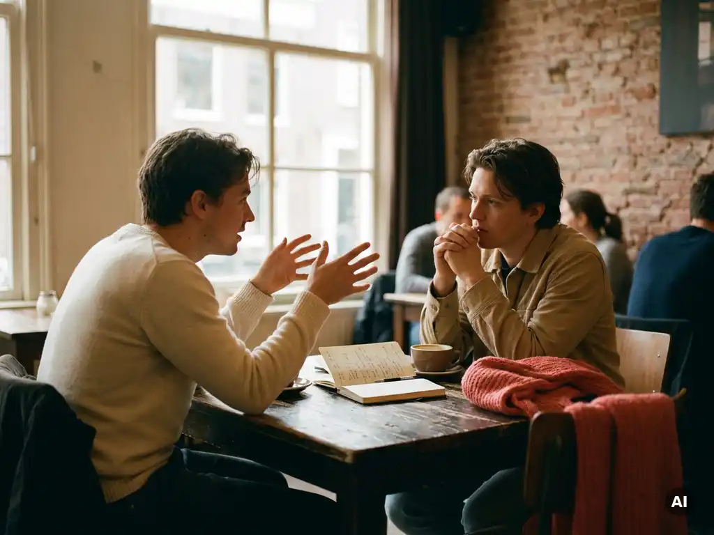 Twee mensen in gesprek aan een versleten houten cafétafel in Amsterdam, één gebarend vooroverleunend, ander aandachtig luisterend, koffiekopje en notitieboek erbij.