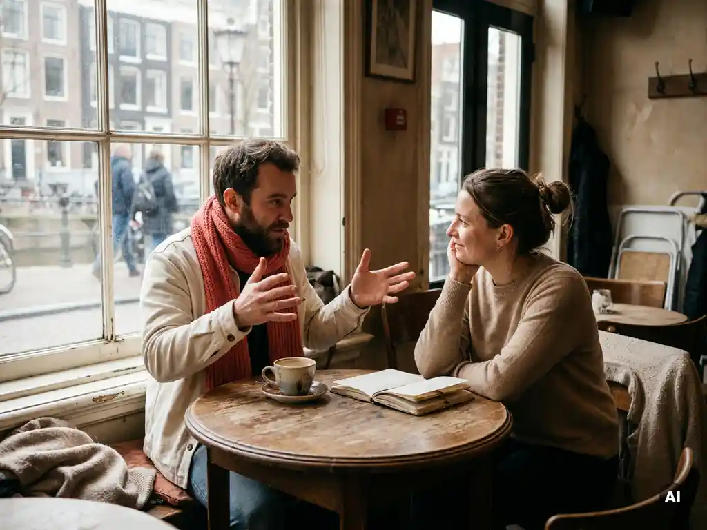 Twee mensen in gesprek aan een versleten houten cafétafel in Amsterdam, met een koffiekopje en notitieboek ertussen.