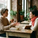 Twee mensen in gesprek aan een versleten houten cafétafel in Amsterdam, met koffie en een notitieboek, warm natuurlijk daglicht.